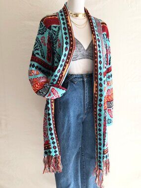 Boho Aqua Blue Fringe Cardigan Sweater